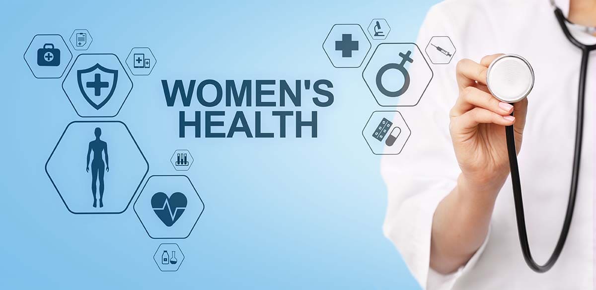 Image with health icons and overlay text Women's Health with a doctor holding up a stethoscope in a white lab coat